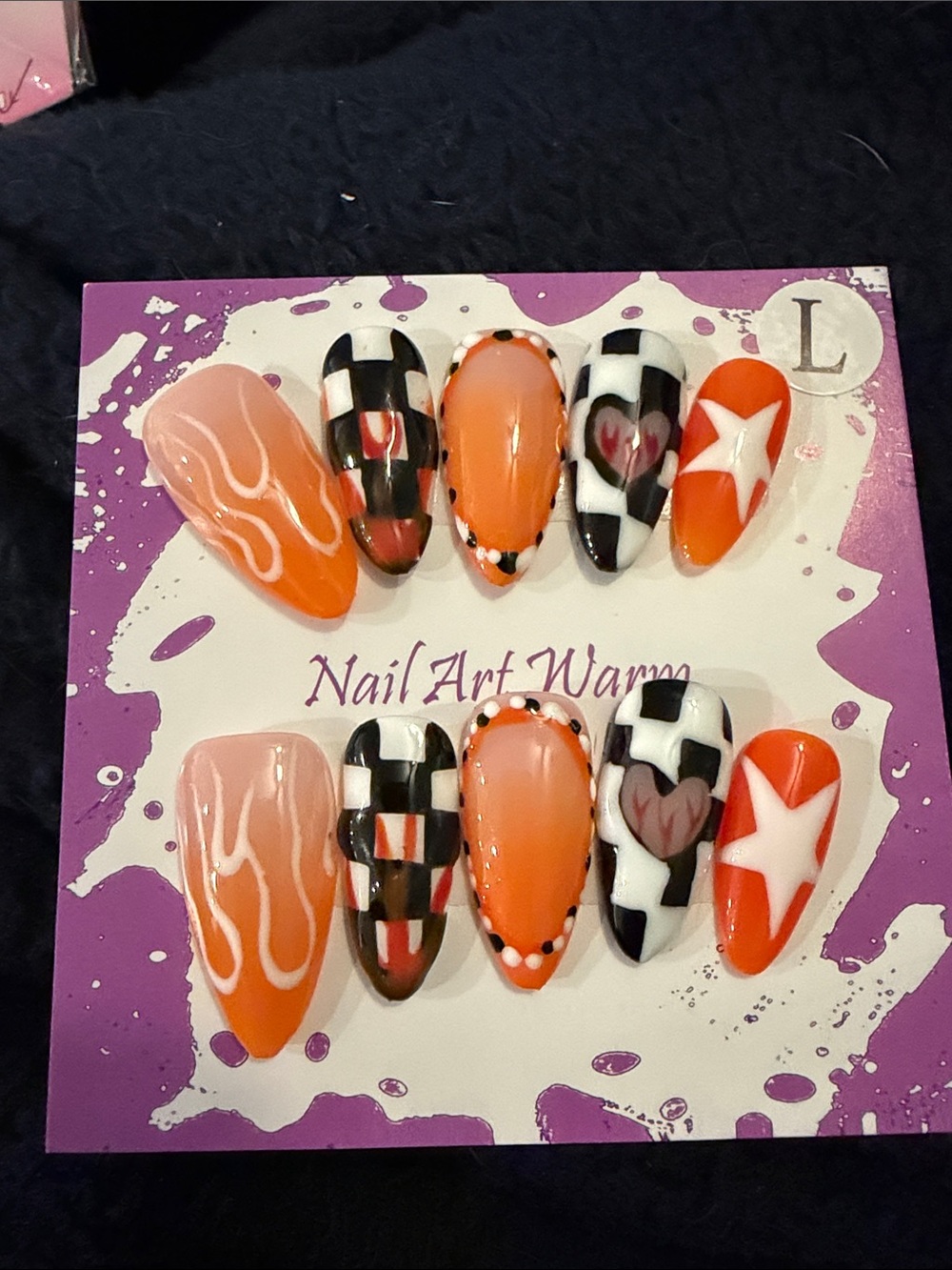 Orange & Black Checkerboard Heart Star Nail Set